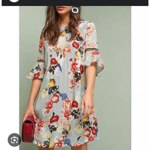 Vineet Bahl Floral Boho Dress M Anthropologie Bell Sleeve Pleated‎ Tunic Dress